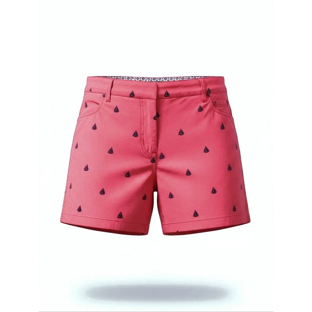 British Khaki Pink Shorts Embroidered Sailboats Cotton Stretch size 6 Pockets
